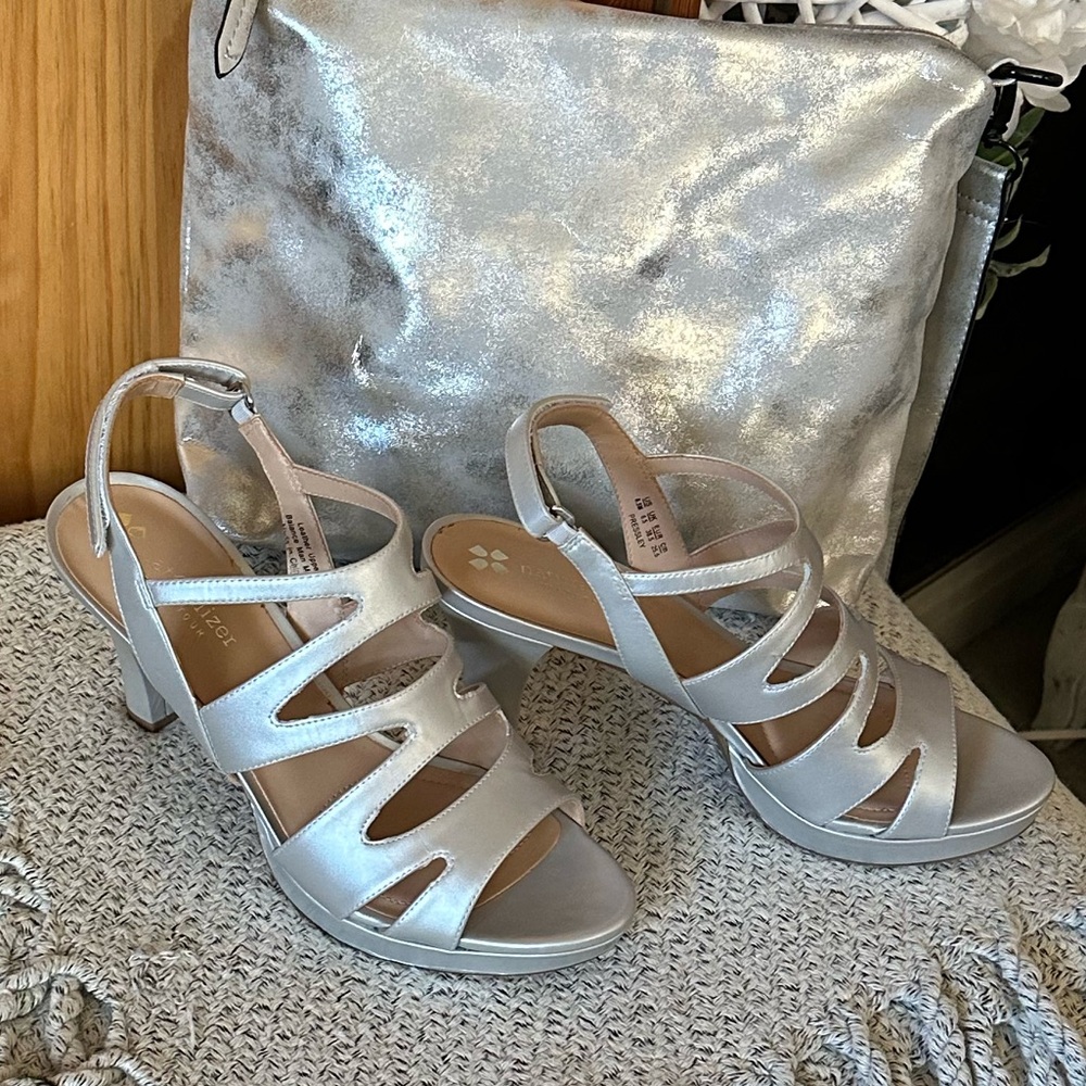 Naturalizer Silver Strappy Block Heel Sandals